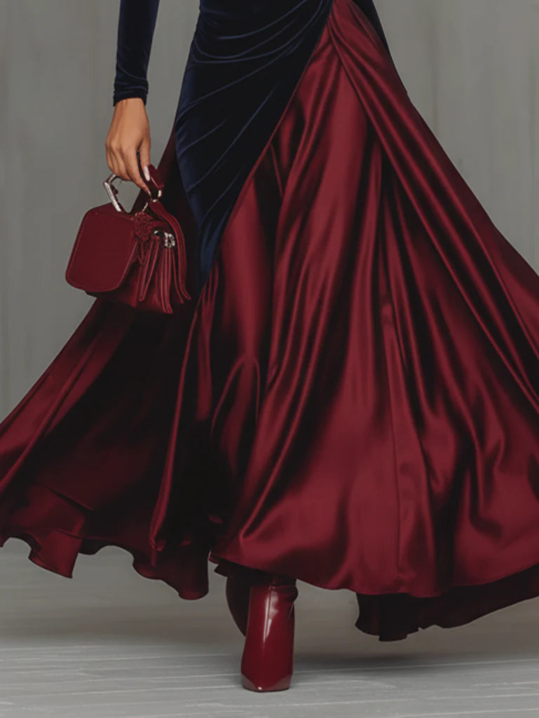 Margot robe longue bicolore – jupe ample en satin bordeaux