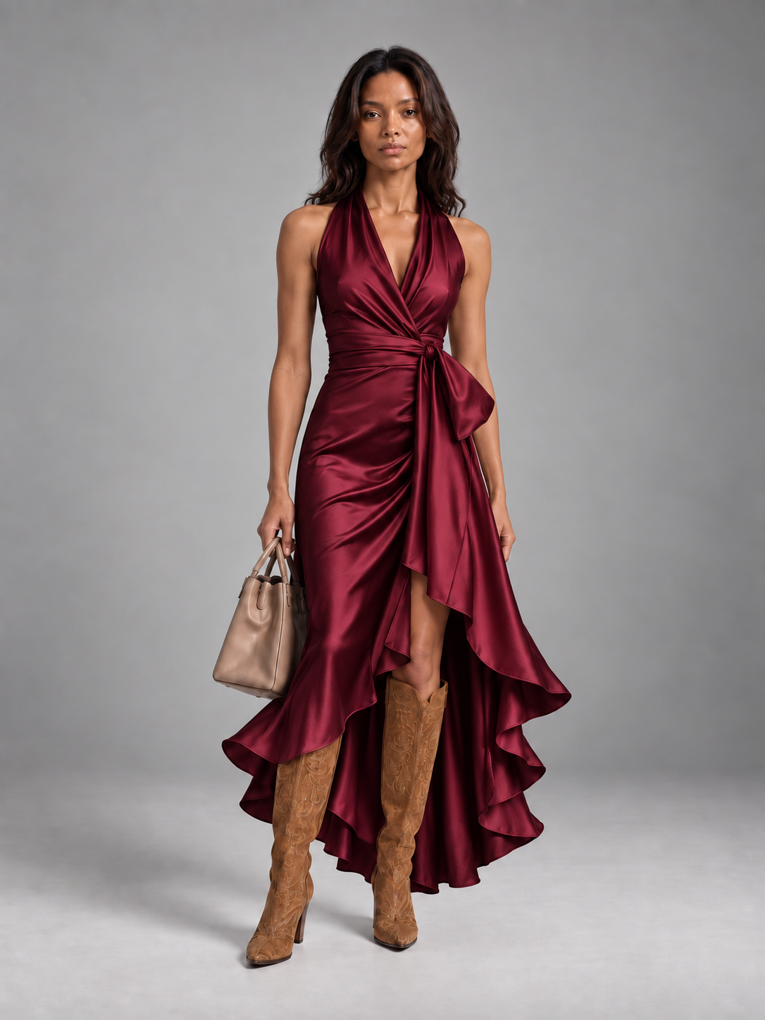 Robe en satin drapée à la taille