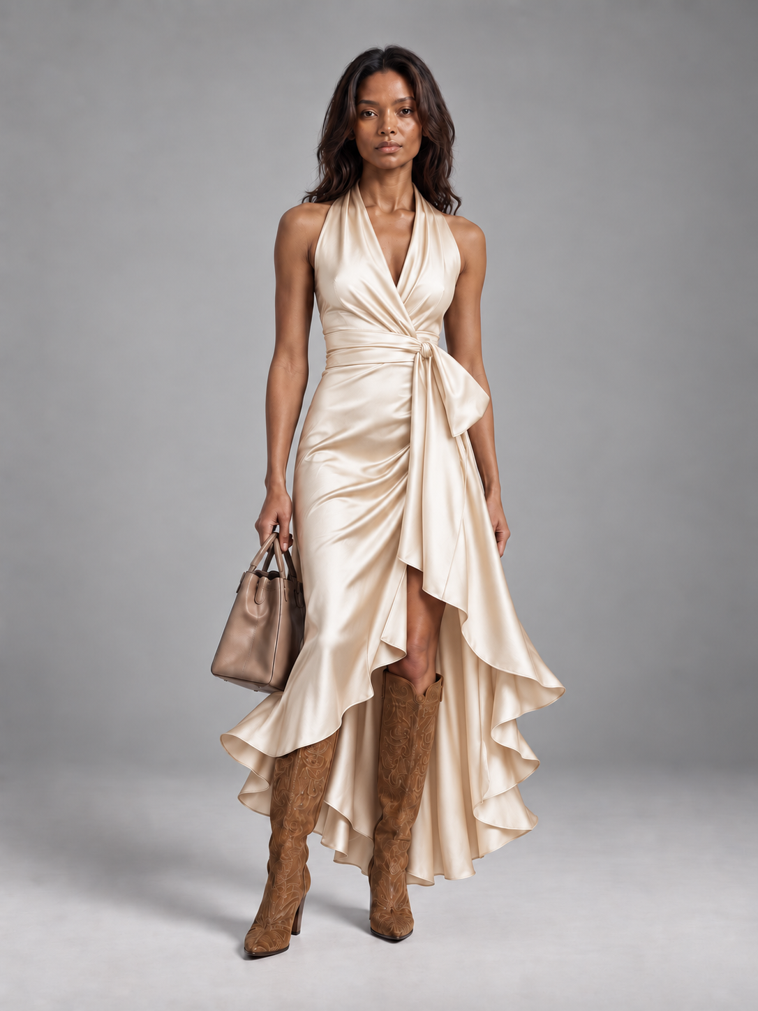 Robe en satin drapée à la taille