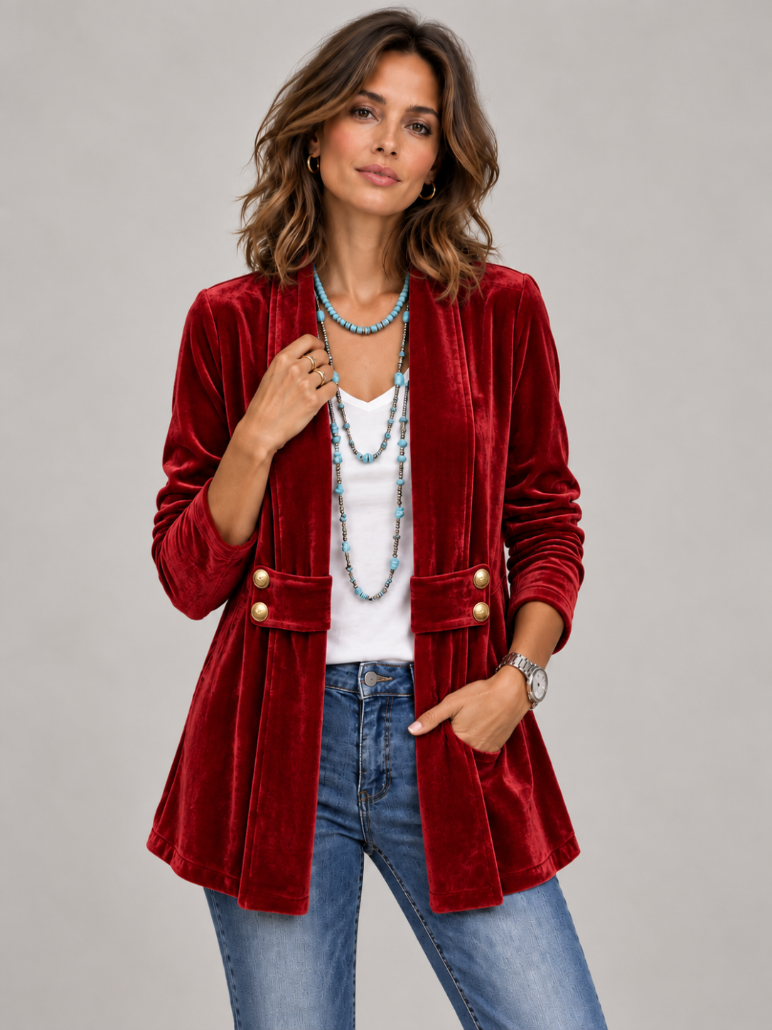 Amélie™ | Veste ouverte manches longues col à revers vintage