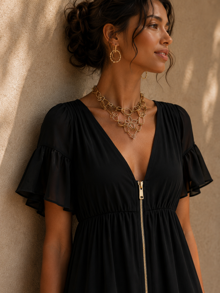 Noémie | Robe Courte Élégante avec Zip Doré et Dentelle