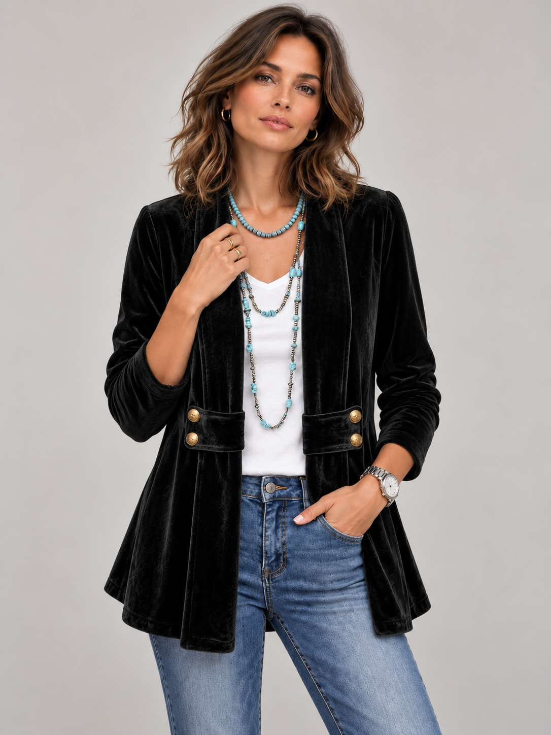 Amélie™ | Veste ouverte manches longues col à revers vintage