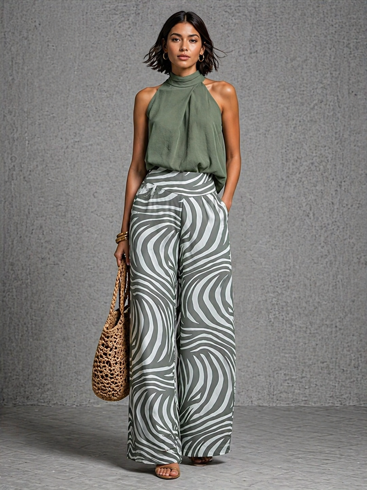 Camille | Ensemble élégant avec pantalon fluide imprimé et top col haut