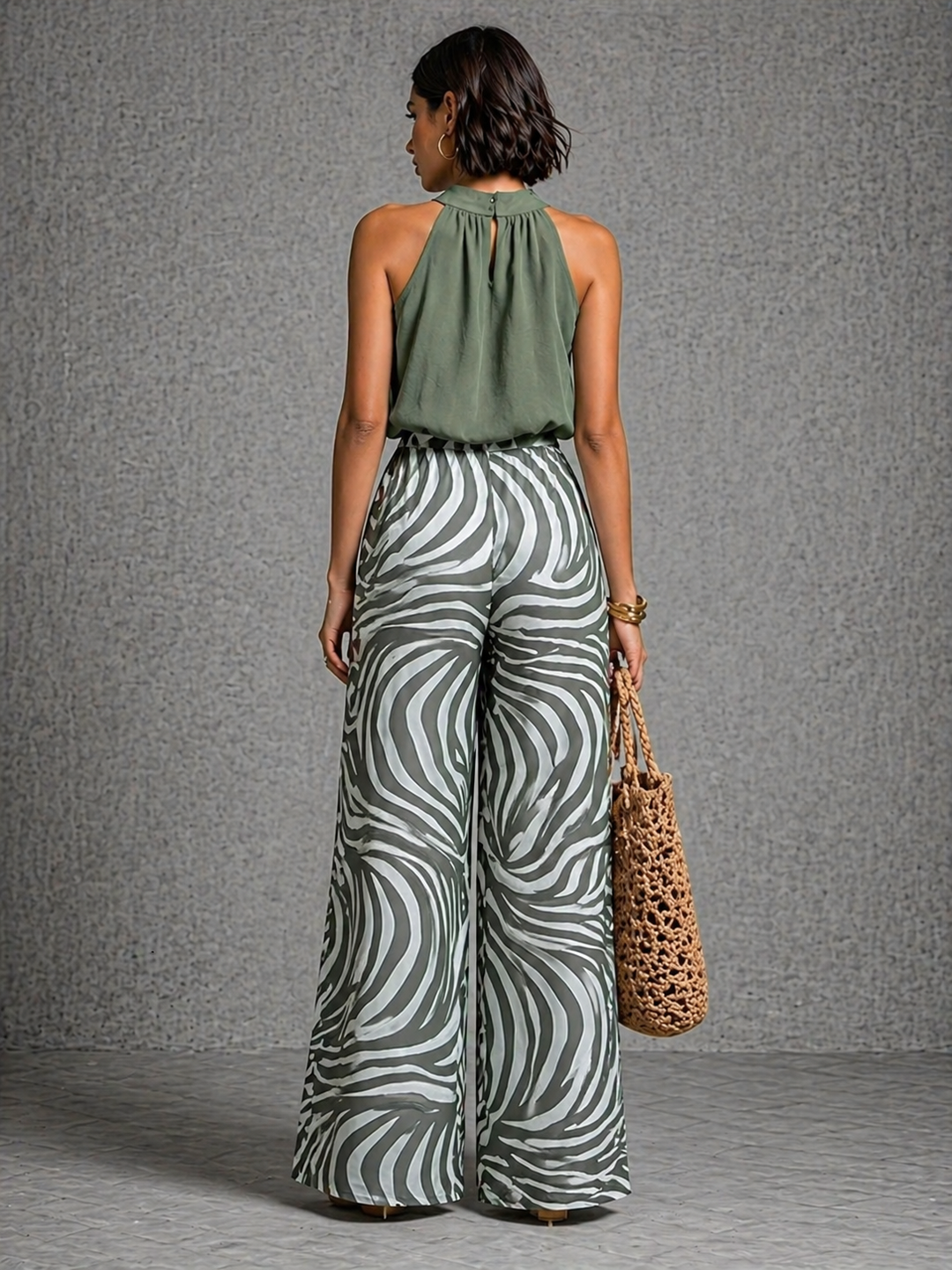 Camille | Ensemble élégant avec pantalon fluide imprimé et top col haut