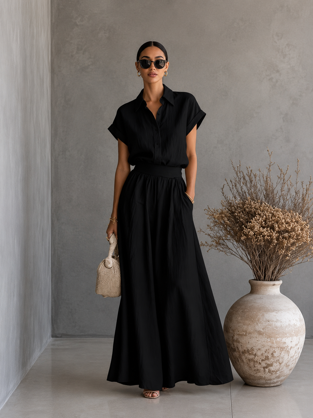 Aveline | Ensemble élégant avec chemise et jupe longue fluide