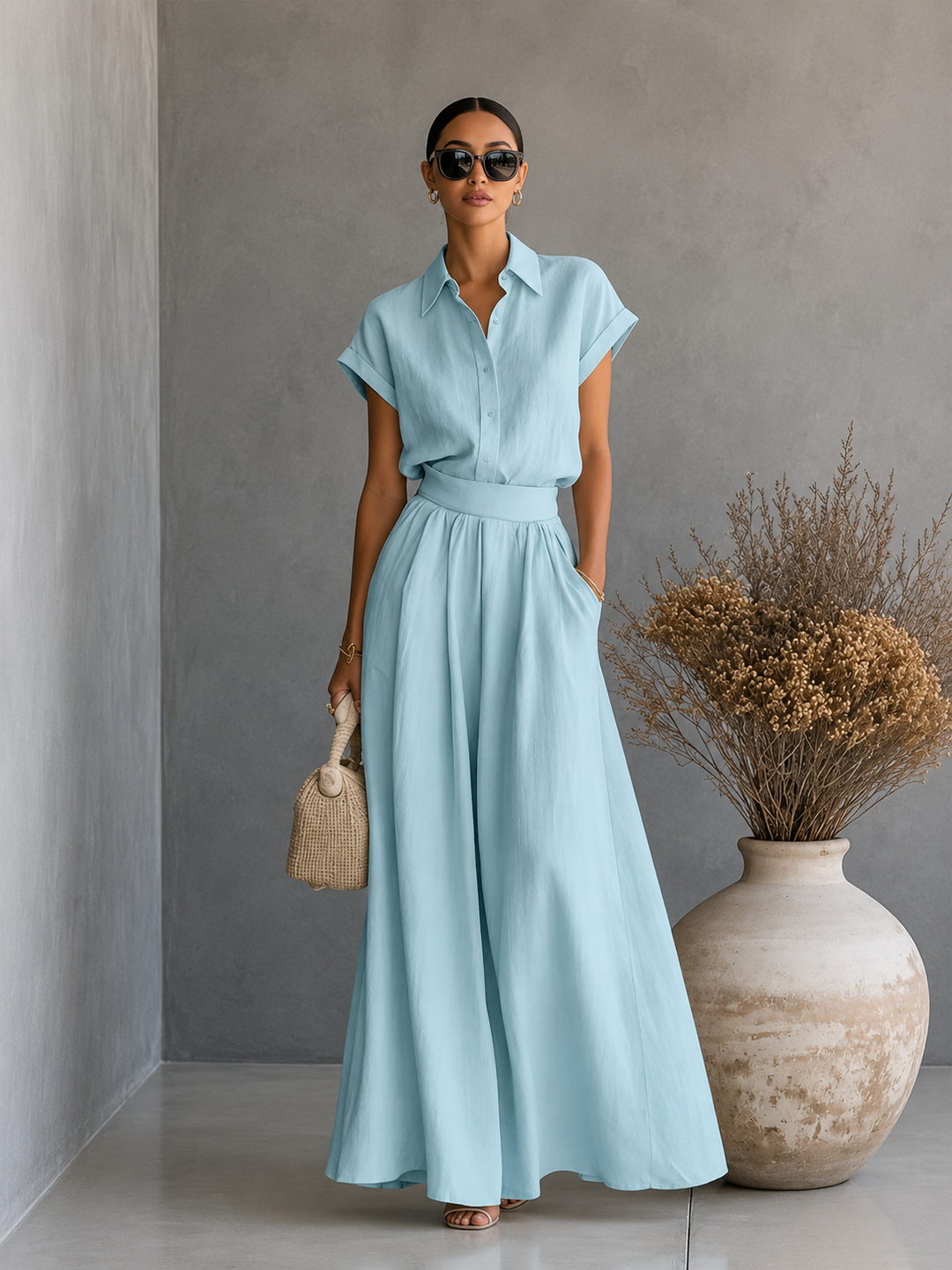 Aveline | Ensemble élégant avec chemise et jupe longue fluide