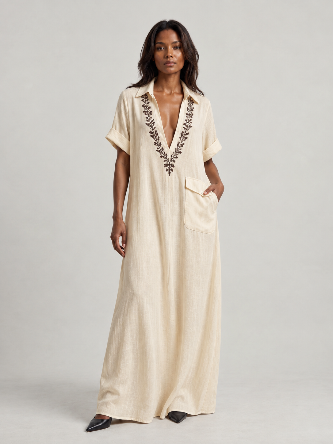 Camille | Robe longue bohème élégante avec broderie et coupe fluide