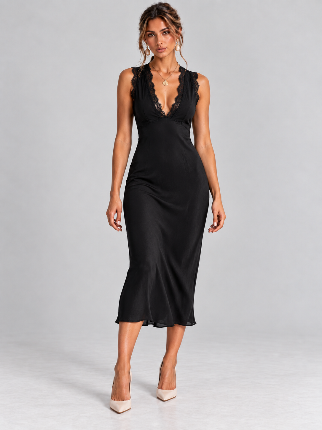 Margaux | Robe Midi Noire avec Dentelle