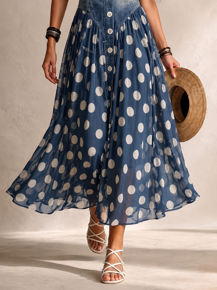 Simone | Robe Midi en Denim et Voile à Pois