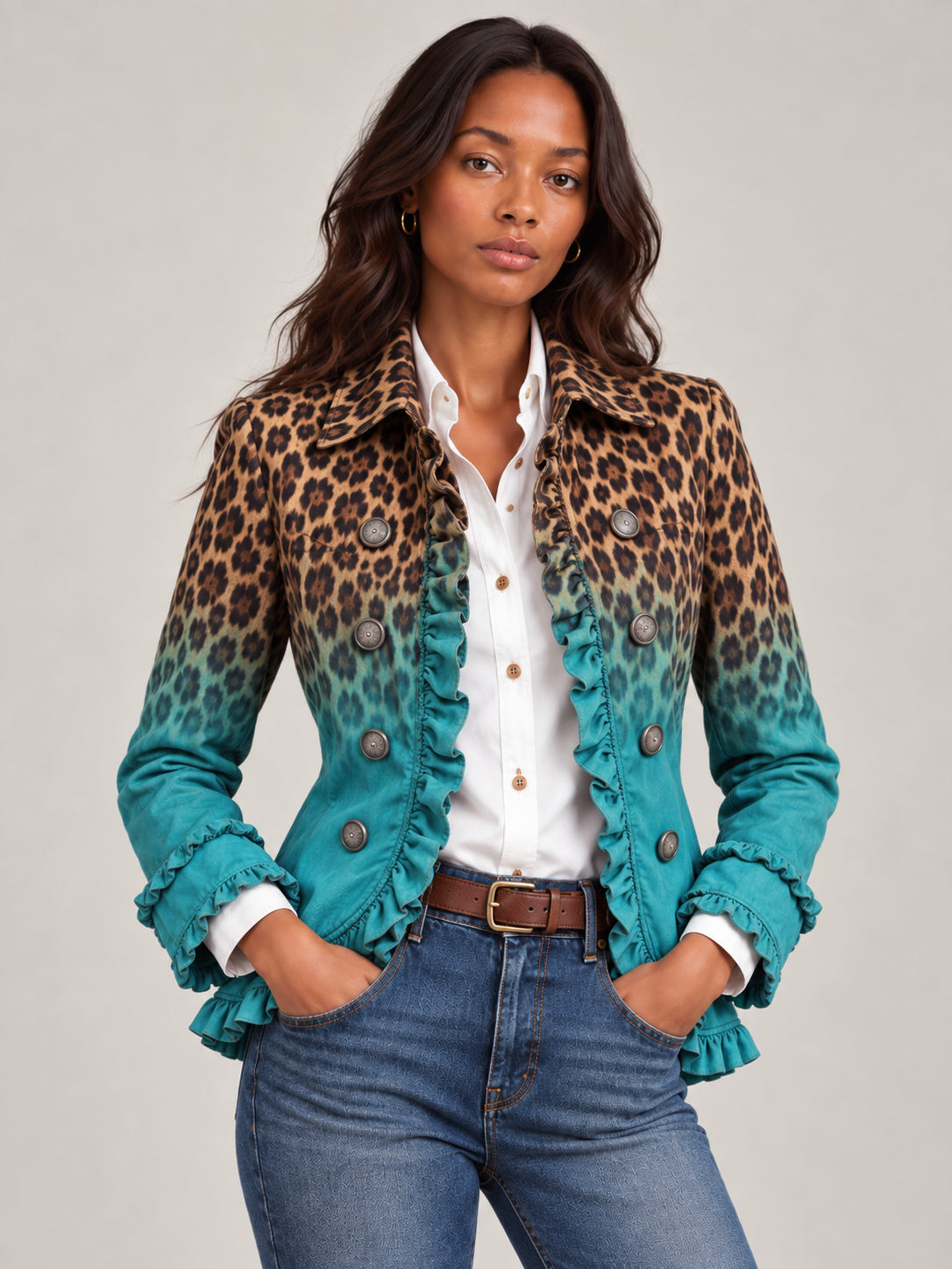 Élodie™ | Blazer imprimé léopard dégradé et volants