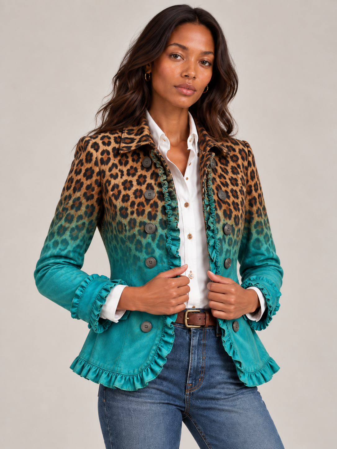 Élodie™ | Blazer imprimé léopard dégradé et volants