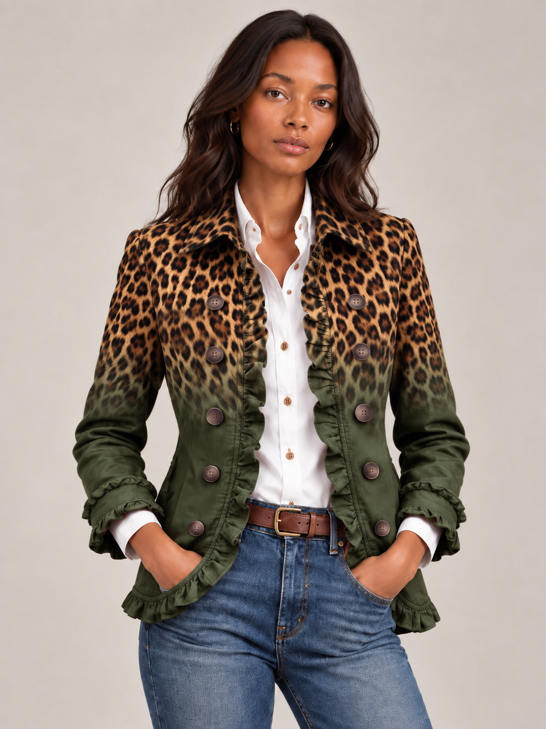 Élodie™ | Blazer imprimé léopard dégradé et volants