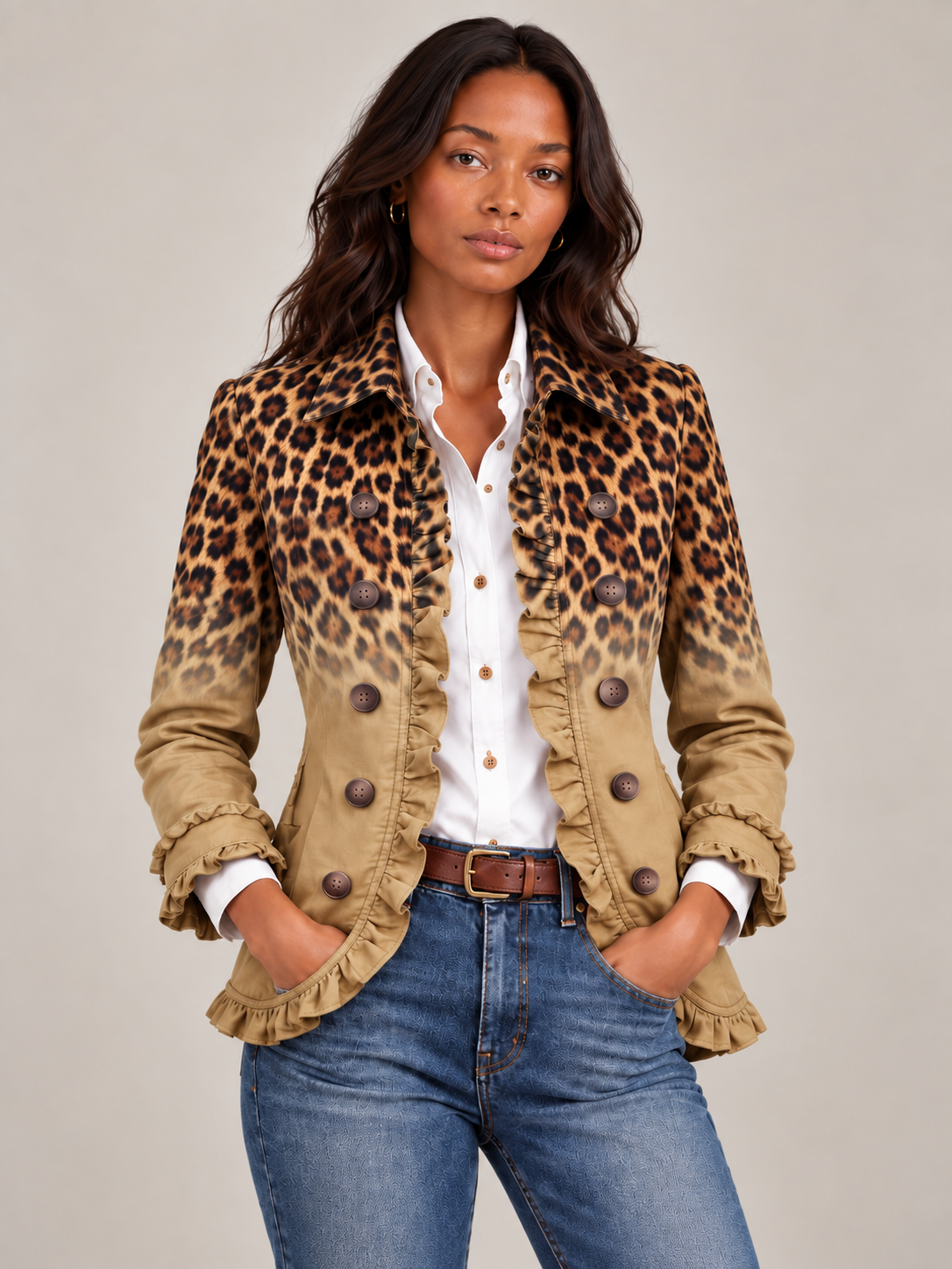 Élodie™ | Blazer imprimé léopard dégradé et volants