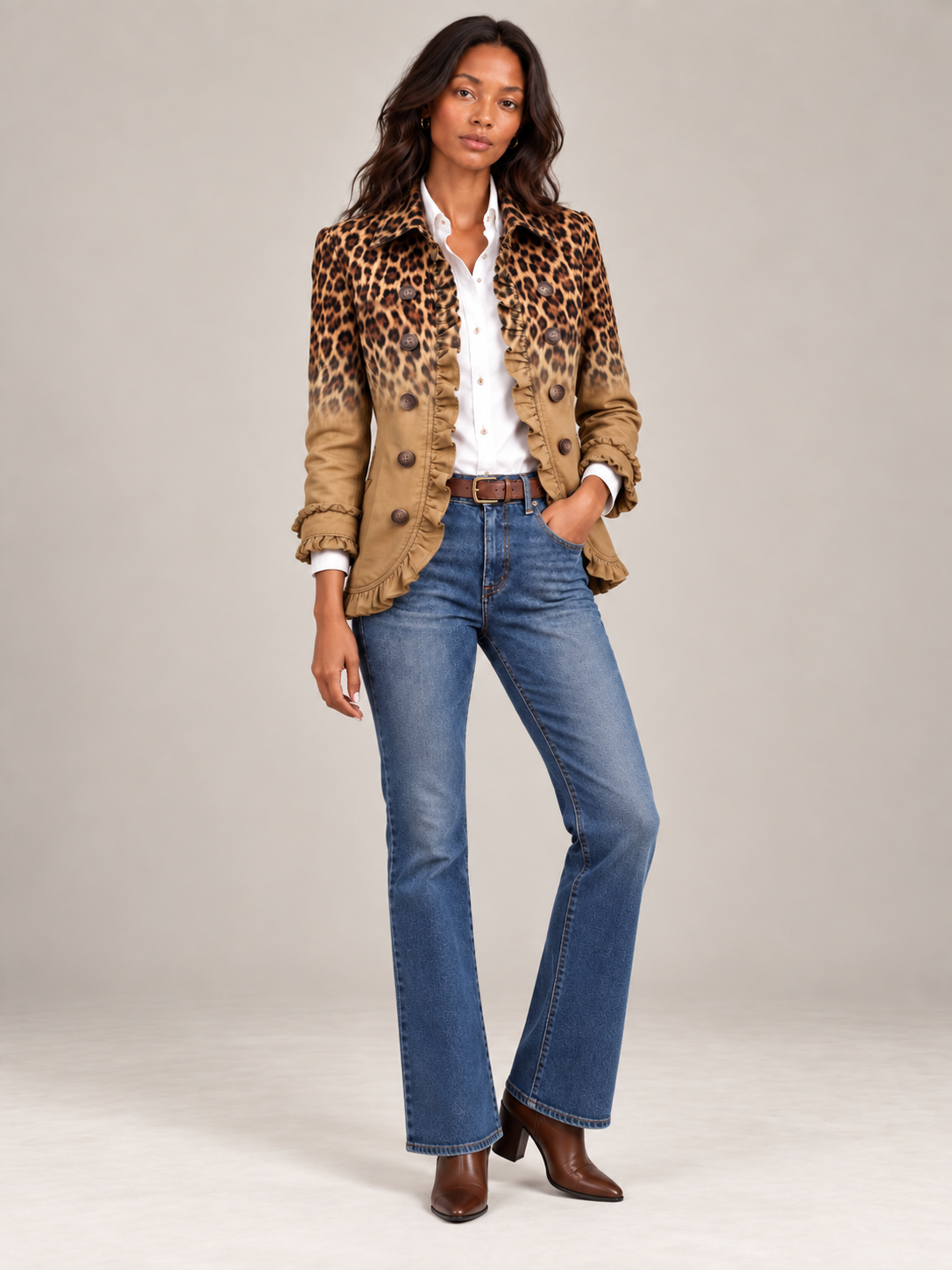 Élodie™ | Blazer imprimé léopard dégradé et volants