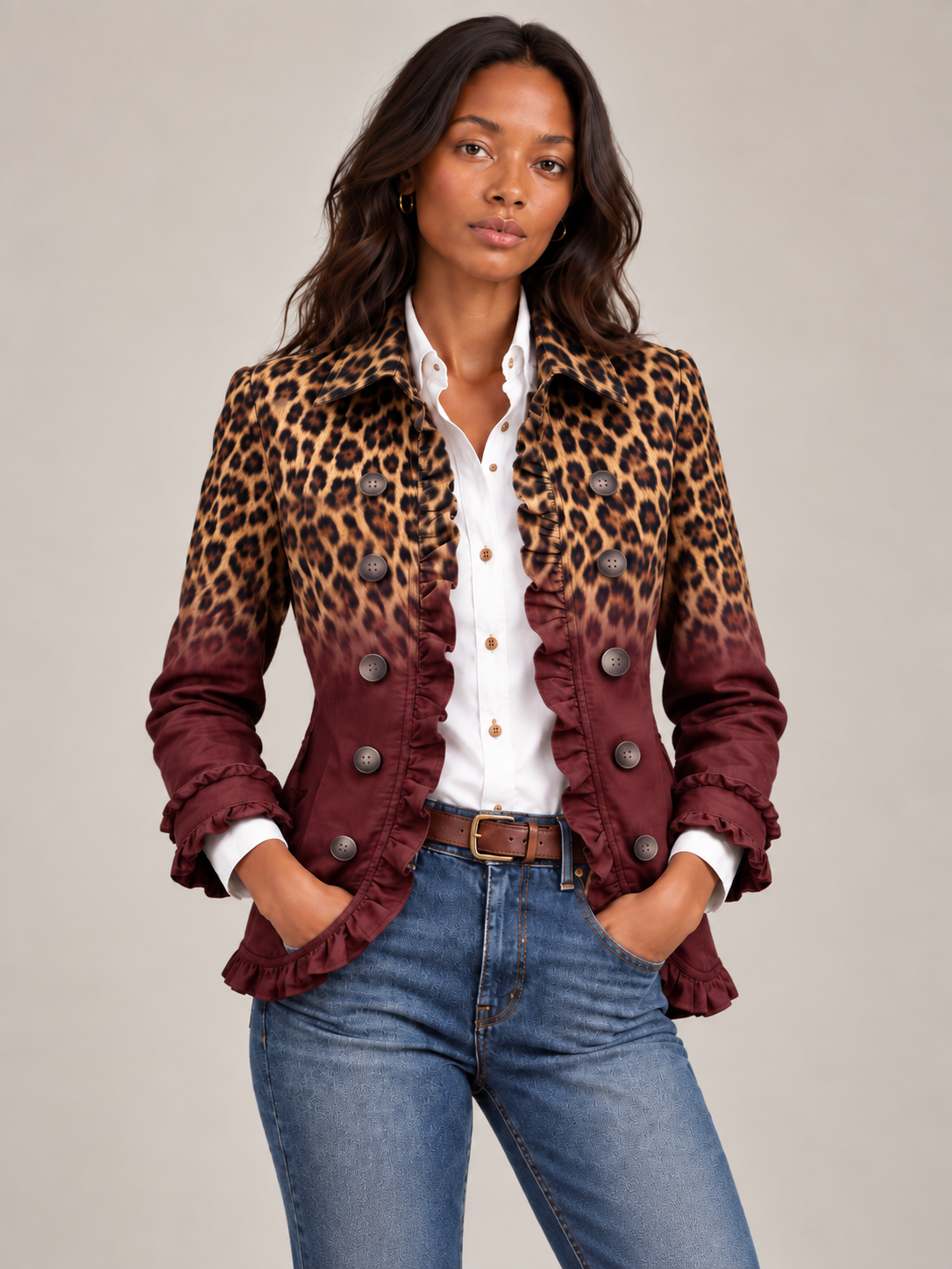 Élodie™ | Blazer imprimé léopard dégradé et volants