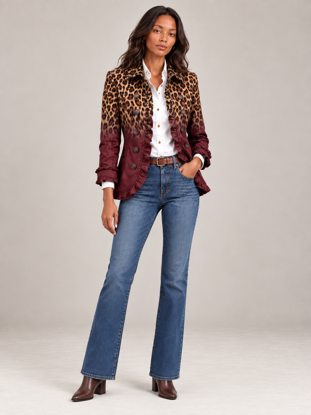 Élodie™ | Blazer imprimé léopard dégradé et volants