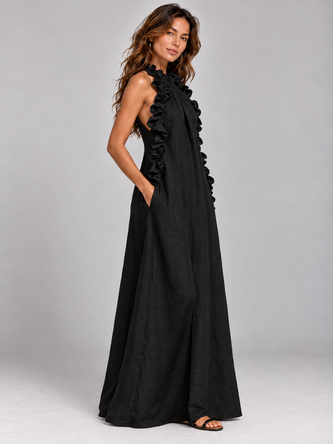 Chloé | Robe longue fluide avec col volanté élégant