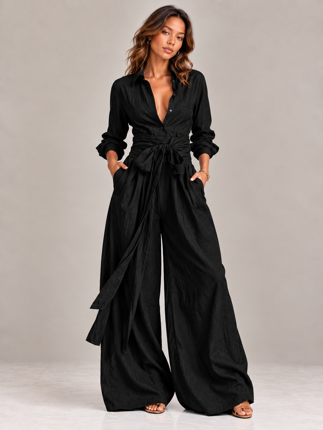 Noémie | Ensemble 2 pièces élégant fluide avec ceinture et coupe large