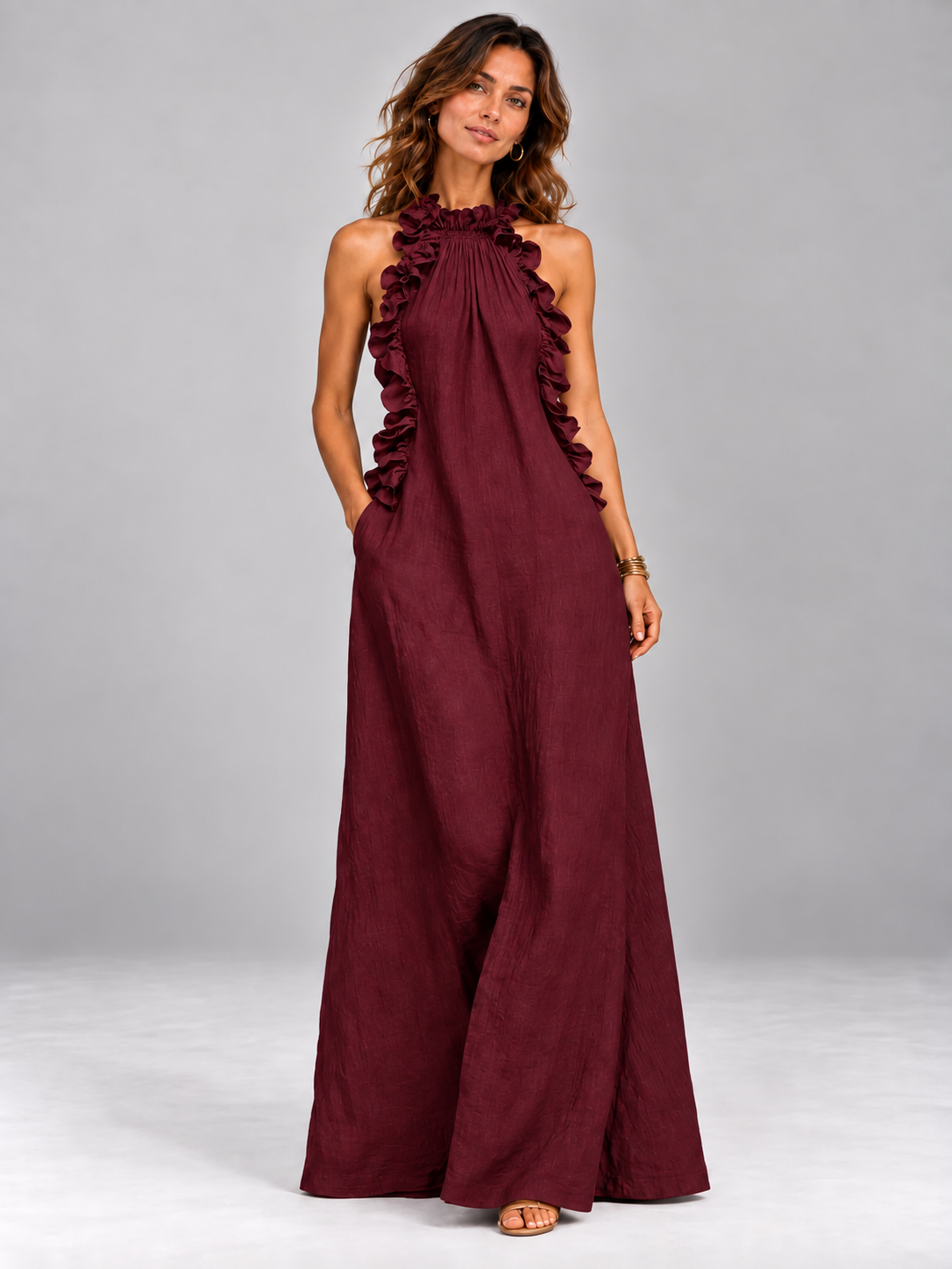 Chloé | Robe longue fluide avec col volanté élégant