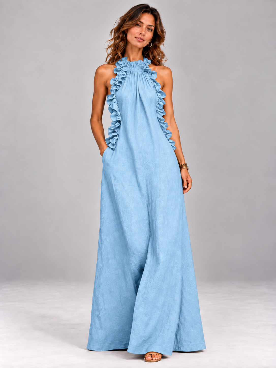 Chloé | Robe longue fluide avec col volanté élégant