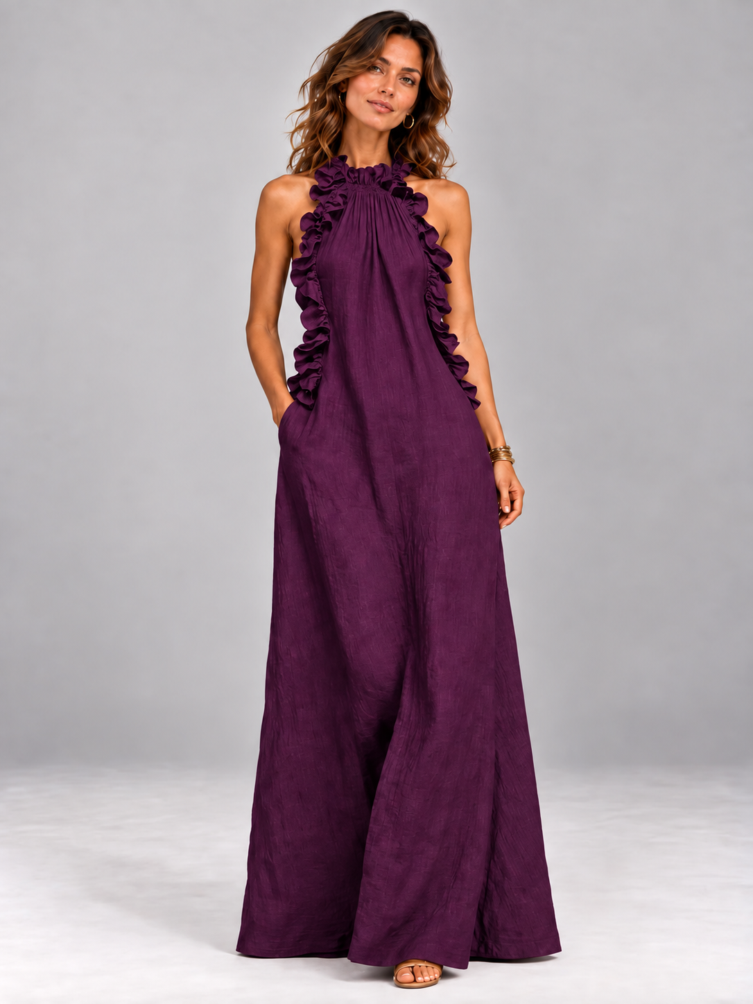 Chloé | Robe longue fluide avec col volanté élégant