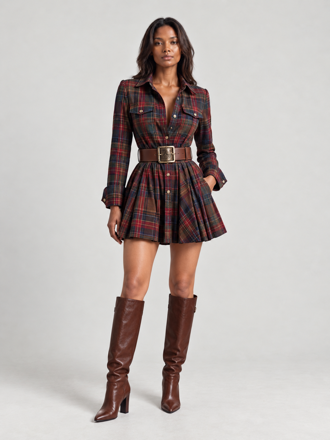 Élodie™ | Robe mini à carreaux avec ceinture