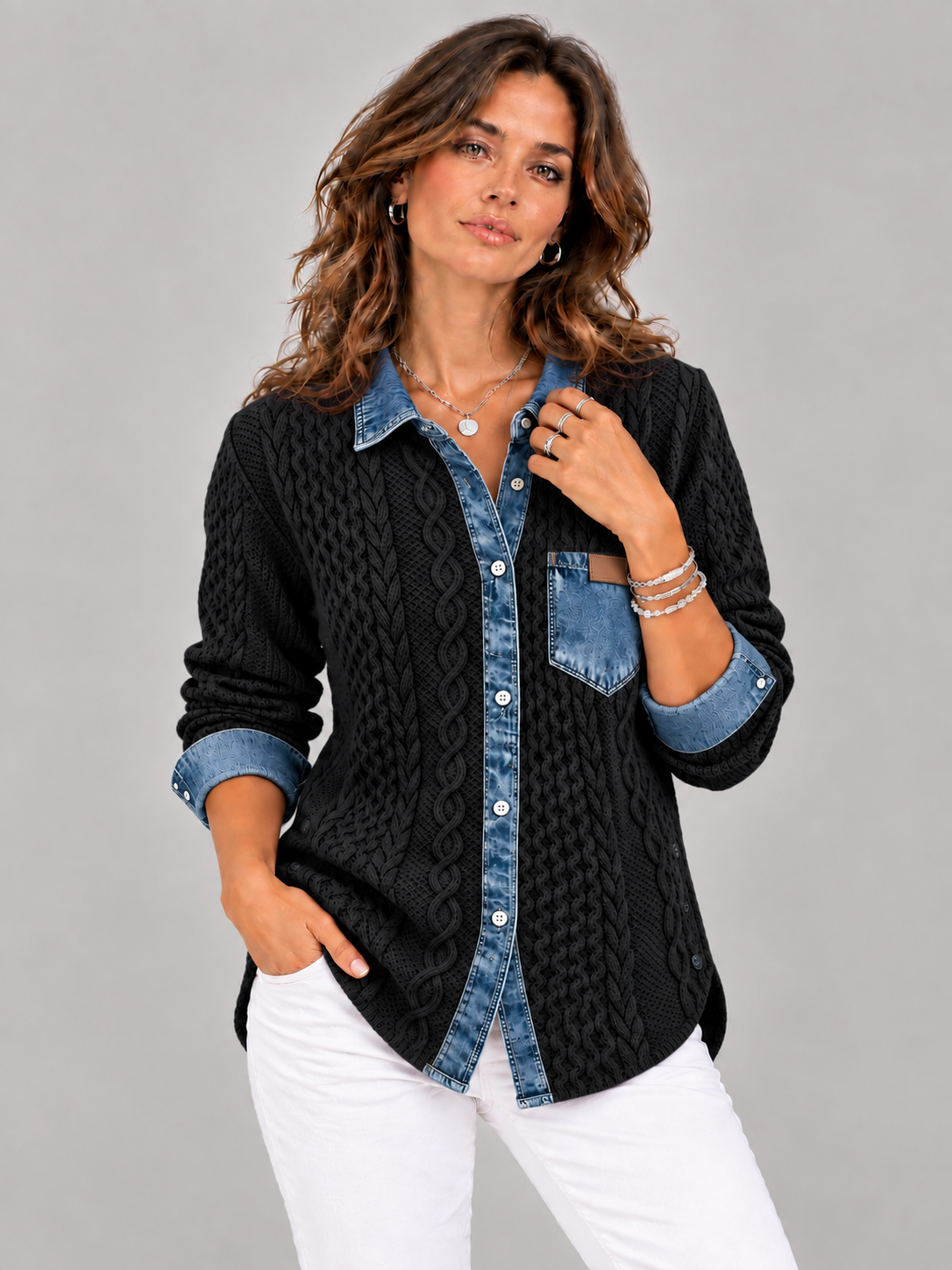 Monique™ | Veste en maille avec détails denim