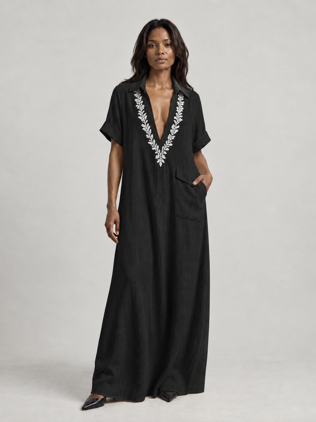 Camille | Robe longue bohème élégante avec broderie et coupe fluide