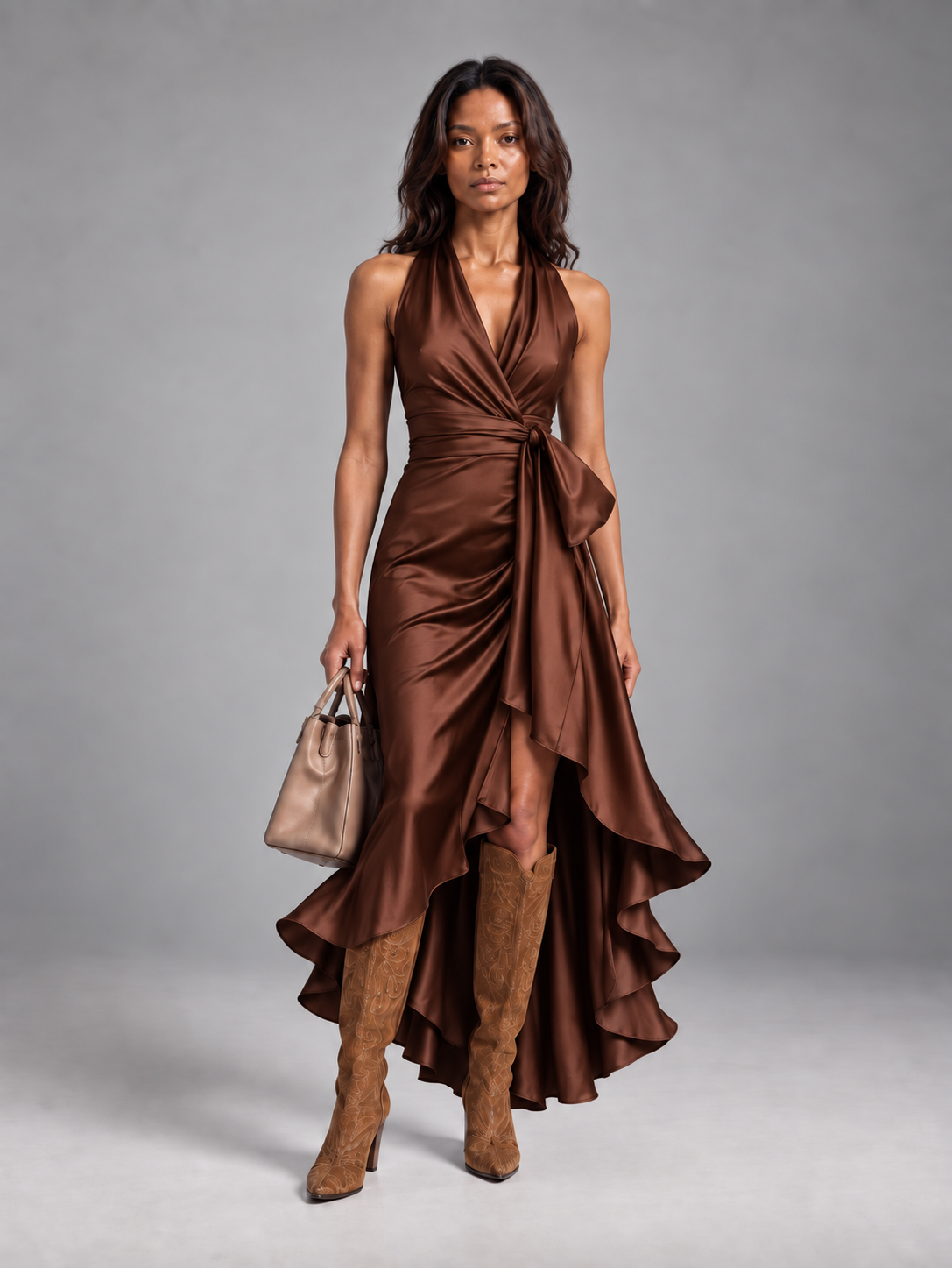 Robe en satin drapée à la taille