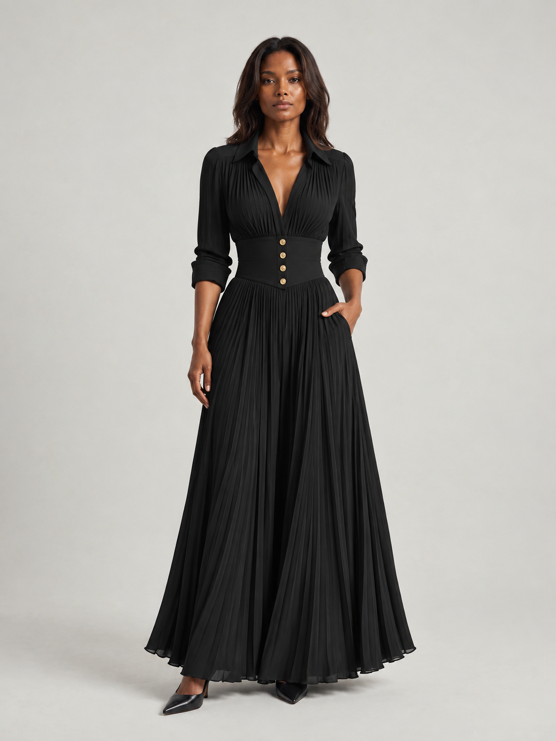 Robe longue plissée de luxe avec ceinture ajustable et col tailleur
