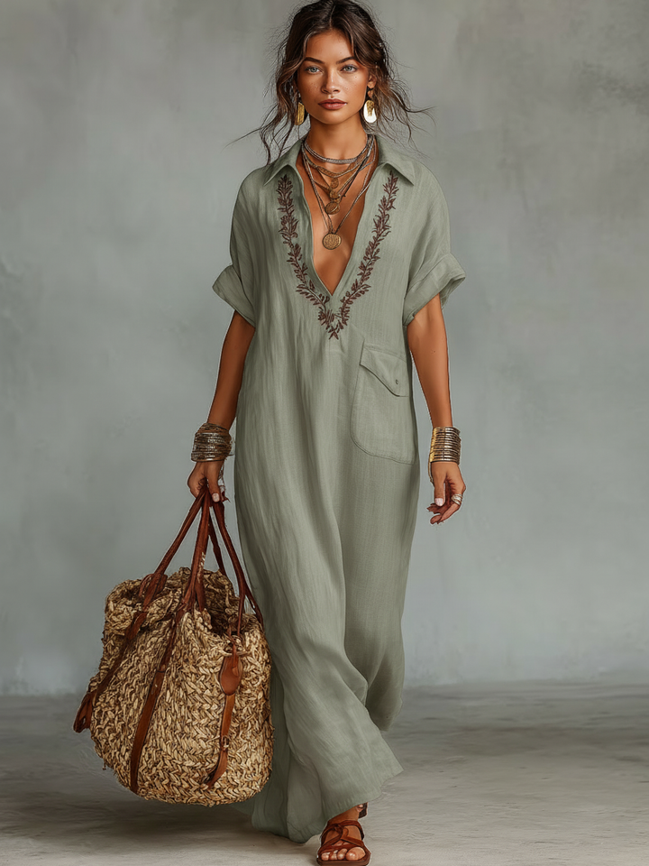 Camille | Robe longue bohème élégante avec broderie et coupe fluide