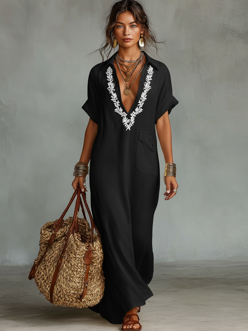 Camille | Robe longue bohème élégante avec broderie et coupe fluide