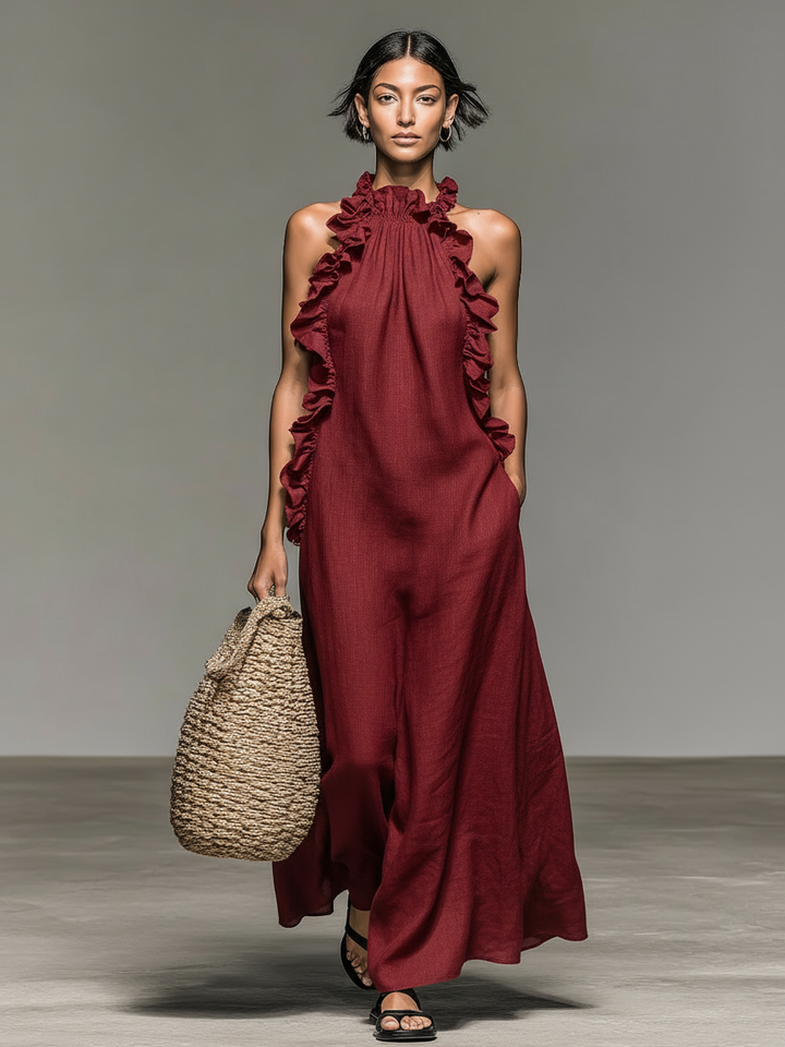 Chloé | Robe longue fluide avec col volanté élégant