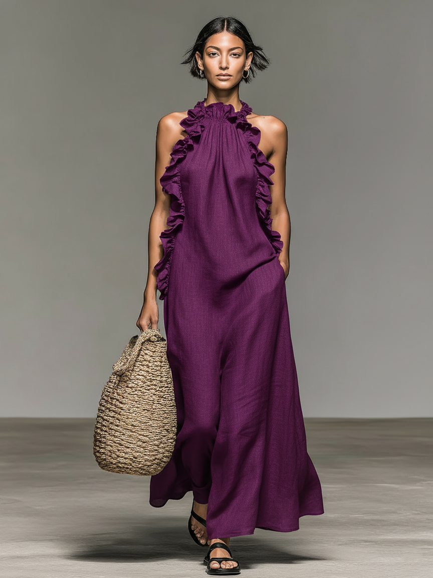 Chloé | Robe longue fluide avec col volanté élégant