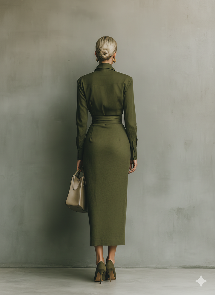 Robe portefeuille satinée avec ceinture – Vert élégant