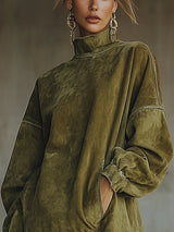 Robe oversize effet daim avec franges verte – vue de face