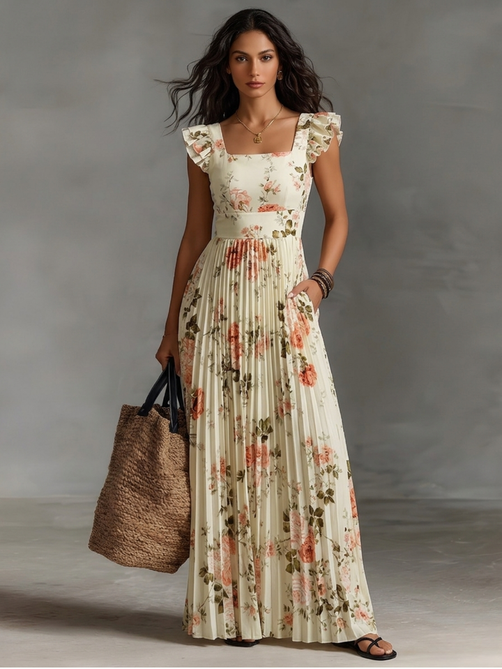 Élégance Romantique – Robe Longue Plissée Fleurie