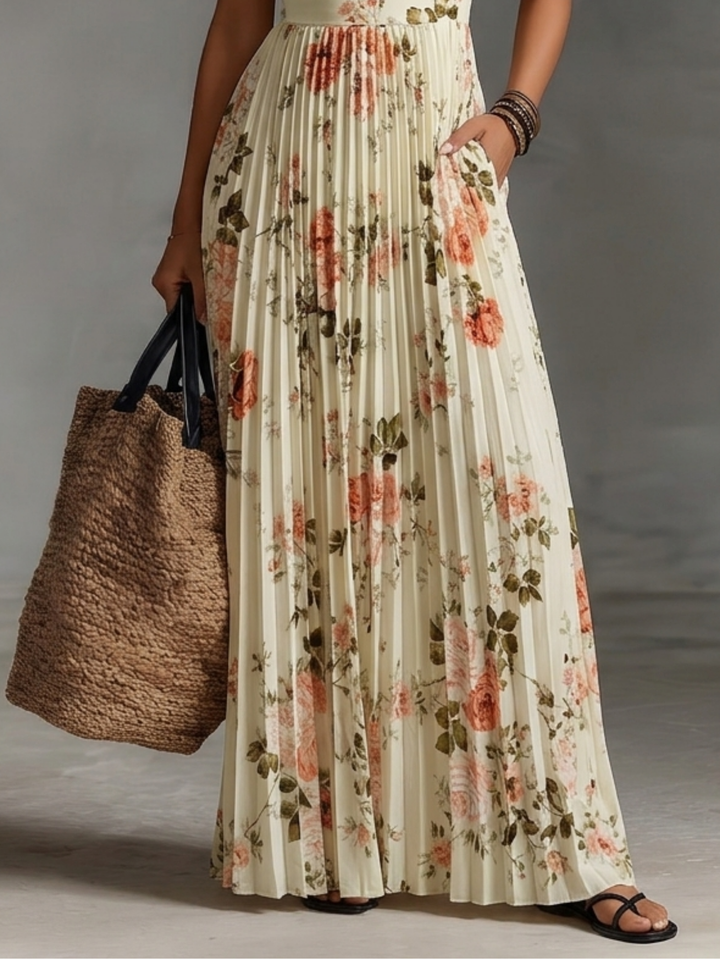 Élégance Romantique – Robe Longue Plissée Fleurie