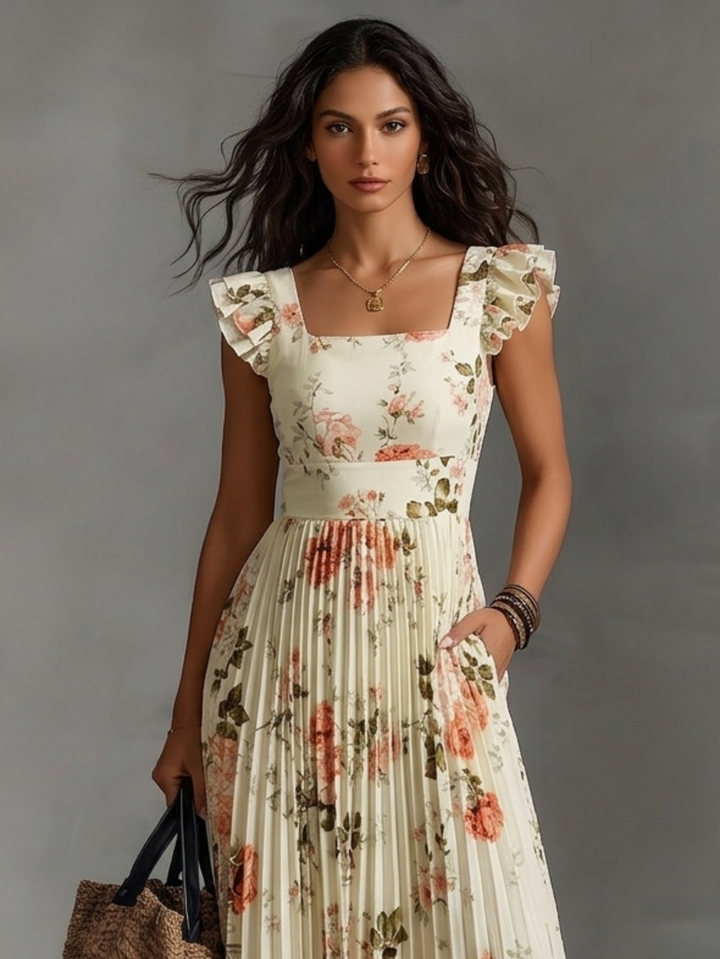 Élégance Romantique – Robe Longue Plissée Fleurie