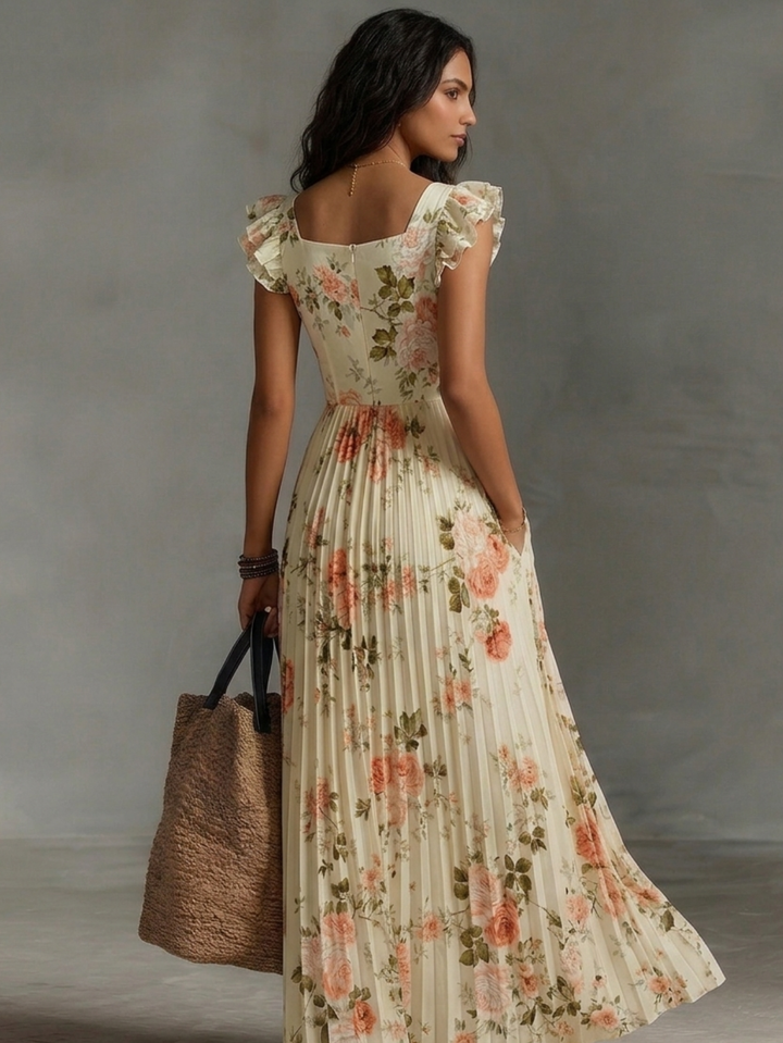 Élégance Romantique – Robe Longue Plissée Fleurie