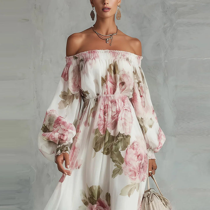 Pivoine | Robe Maxi Fleurie Épaules Dénudées, Manches Longues