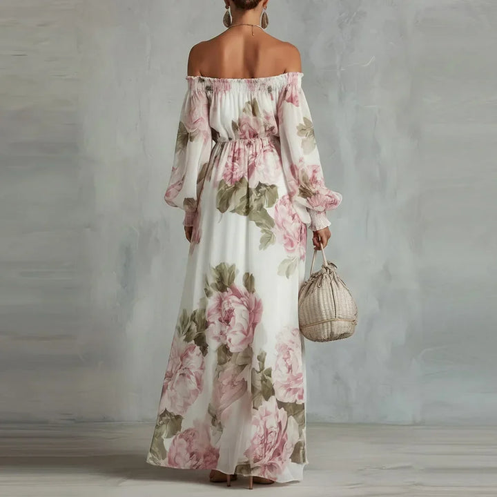 Pivoine | Robe Maxi Fleurie Épaules Dénudées, Manches Longues