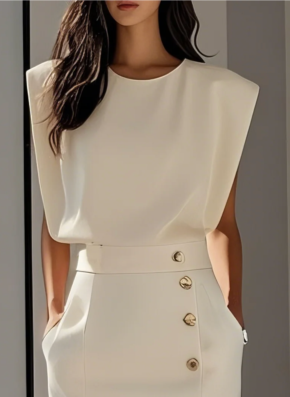 Sophie™ | Robe midi ajustée avec boutons dorés