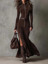 Amélie robe longue effet daim marron – vue de face