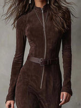Amélie robe longue effet daim marron – détail zip et ceinture