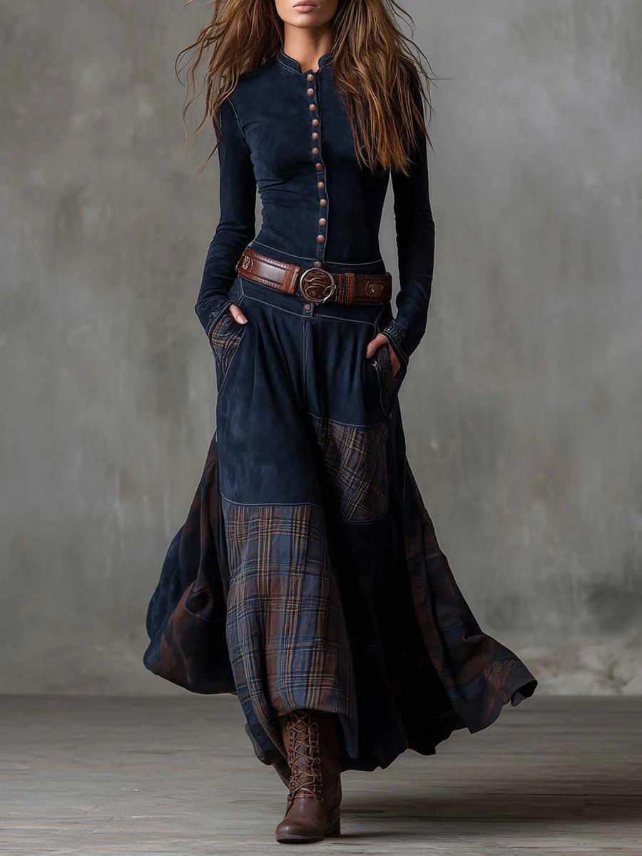 Robe Maxi Vintage en Daim avec Panneaux à Carreaux