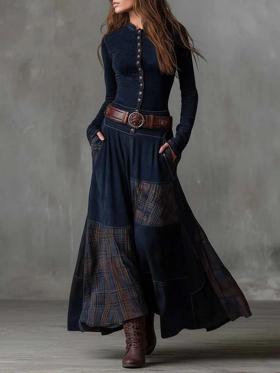 Robe Maxi Vintage en Daim avec Panneaux à Carreaux