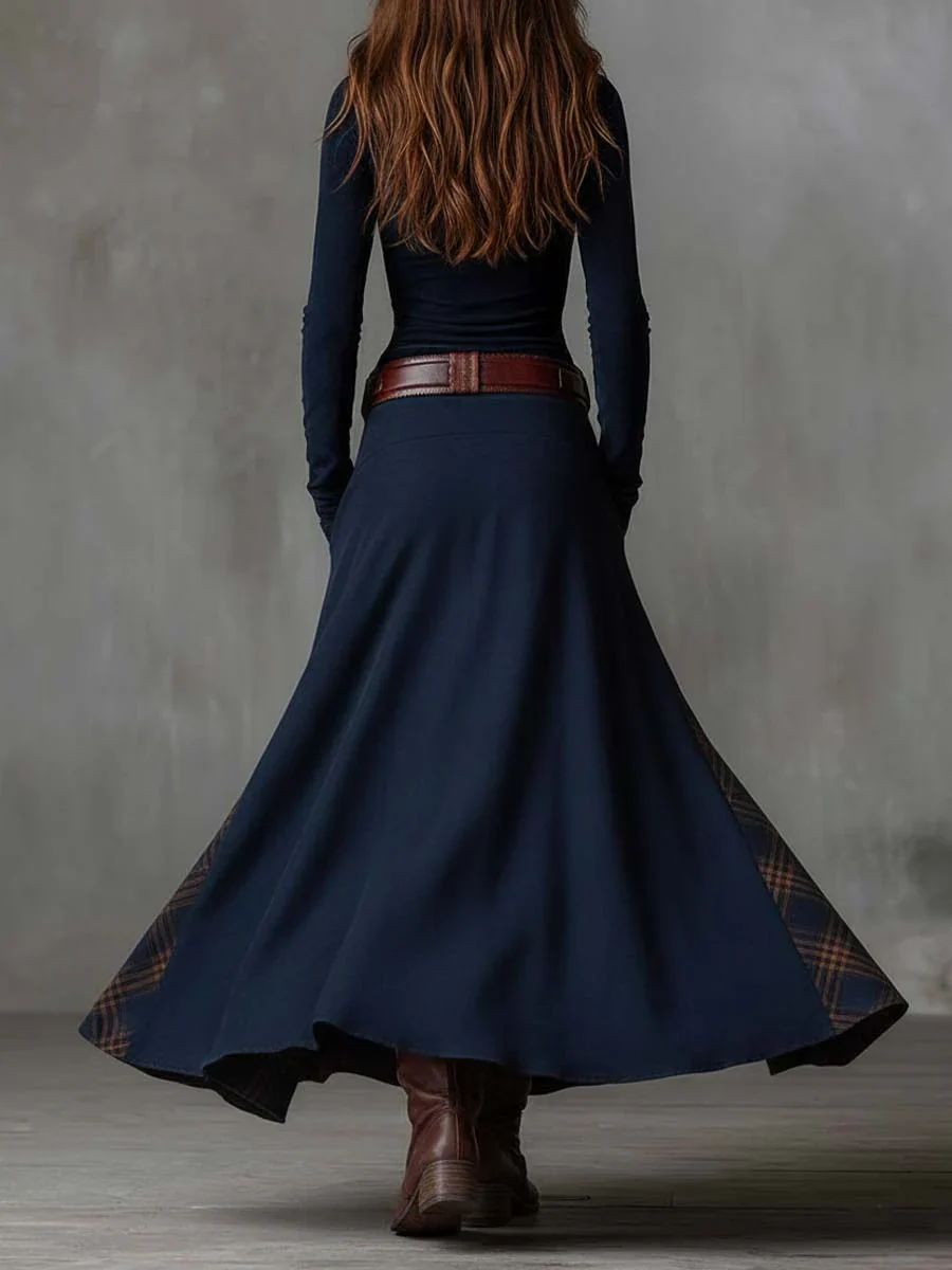 Robe Maxi Vintage en Daim avec Panneaux à Carreaux
