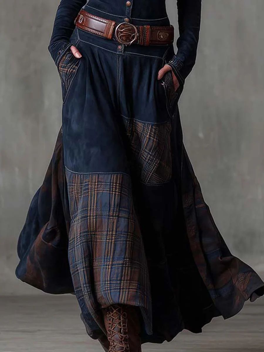 Robe Maxi Vintage en Daim avec Panneaux à Carreaux