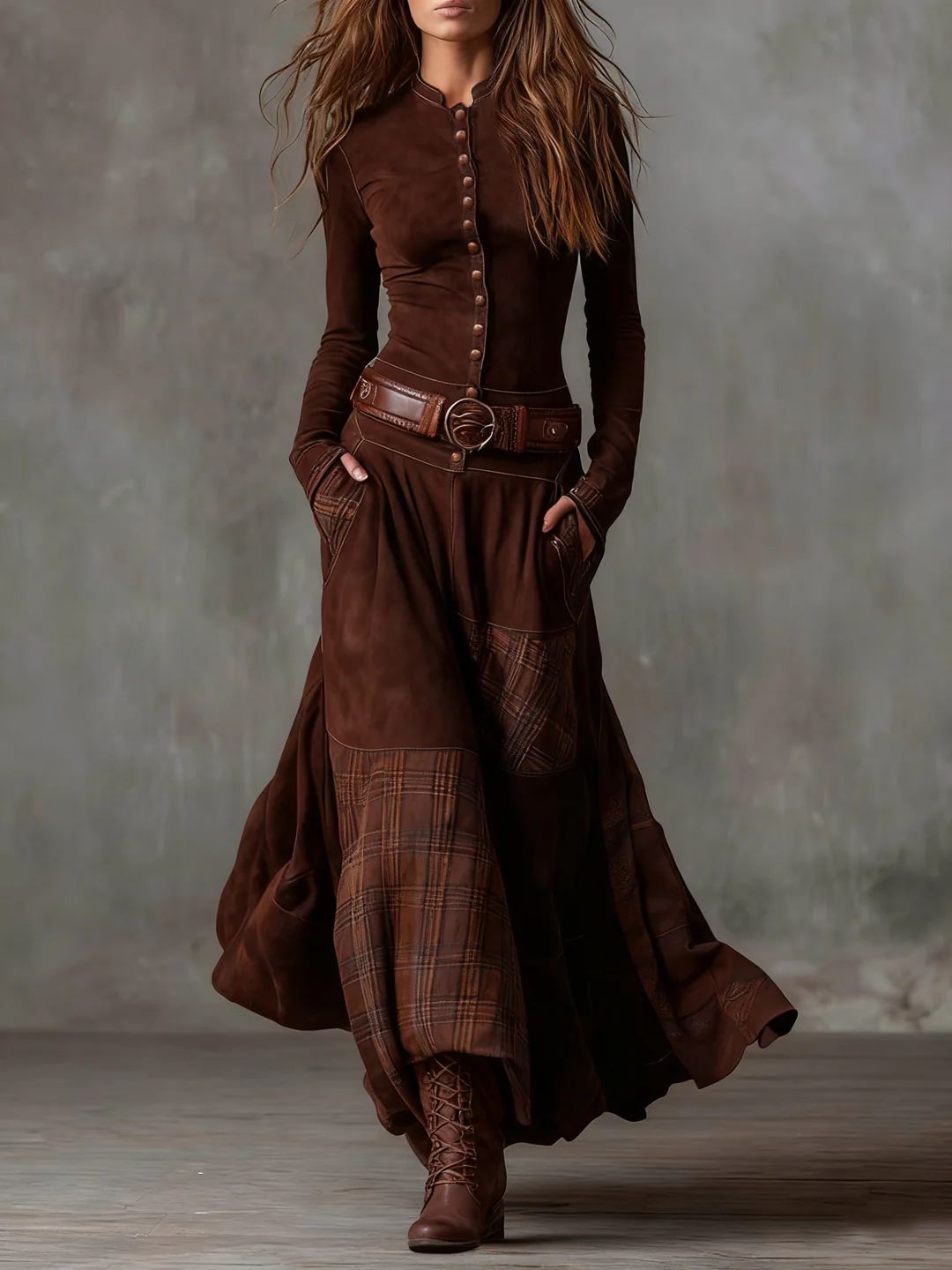 Robe Maxi Vintage en Daim avec Panneaux à Carreaux